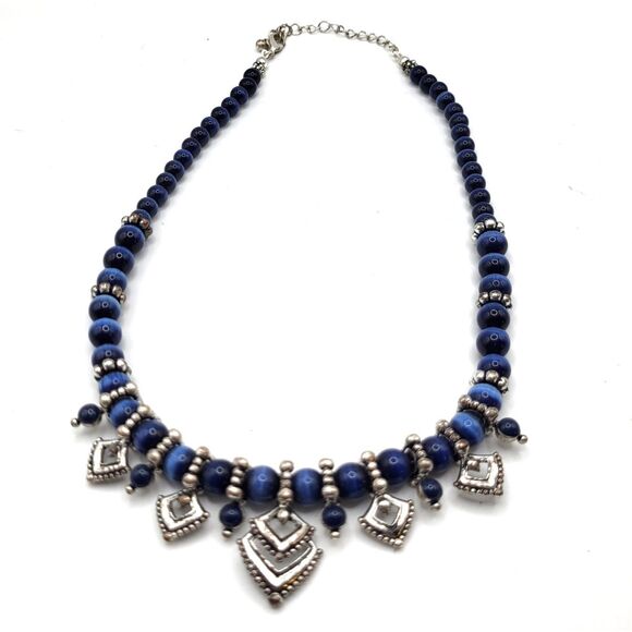 Vintage Avon Bohemian Statement Blue Tiger's Eye Beaded Blue Silver Necklace 19" - Picture 3 of 8